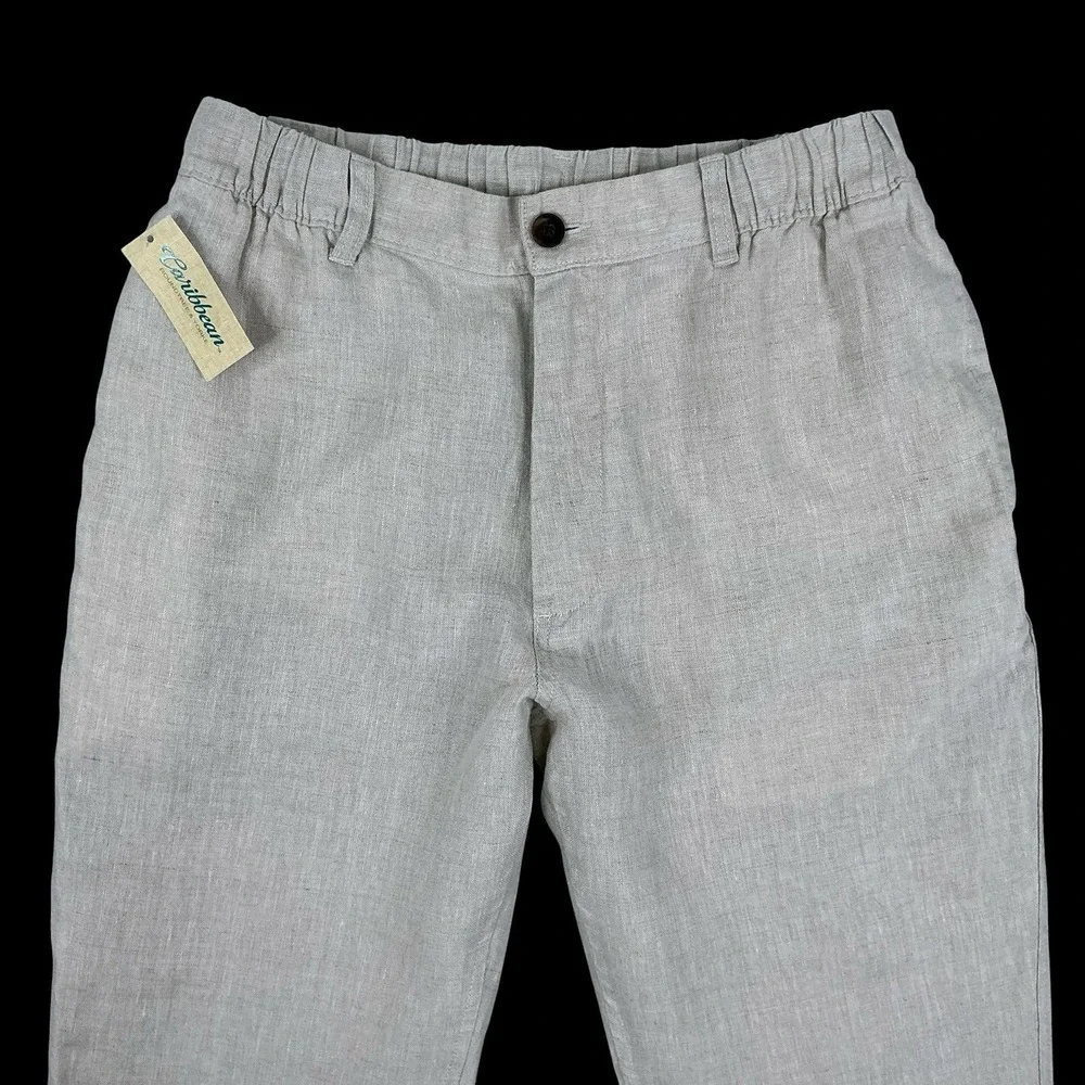Caribbean Pants Men 34x30 Beige Linen Straight Leg Elastic Waist NWT